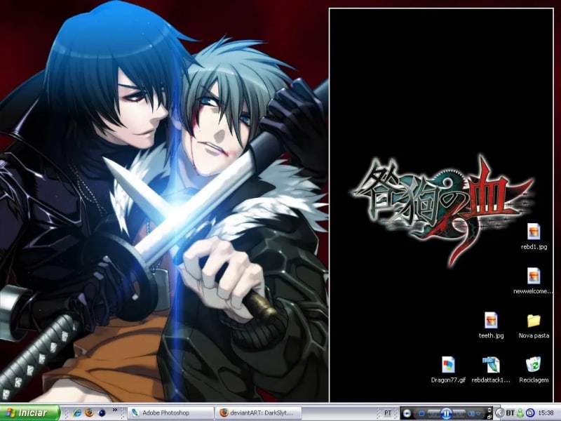 Windows XP desktop with a wallpaper of of Shiki and Akira from Togainu no Chi.