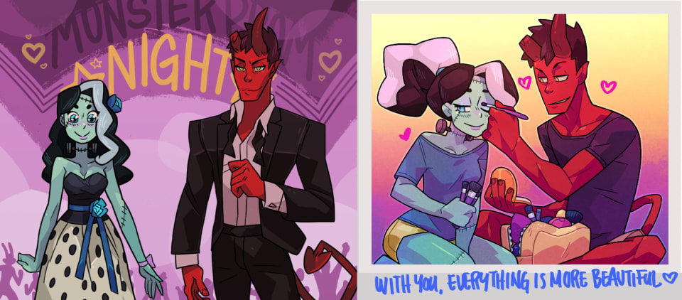 Damien and the Frankenstien main character at prom on the right and in a polaroid doing makeup together on the left.