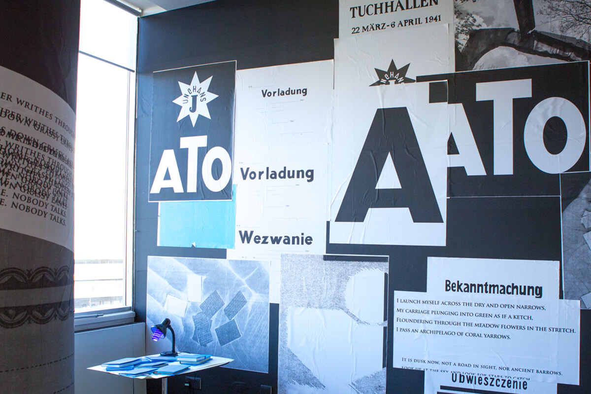 Sława Harasymowicz, The Spring to Come, The National Poetry Library (2016-17), installation views. Photo c/o The National Poetry Library. Digital prints, large format photocopies and screenprints. Hand-made typography referencing archival sources. Poetry books selected from the Library collection in UV light-responsive screen-printed covers, ultraviolet lamp.
