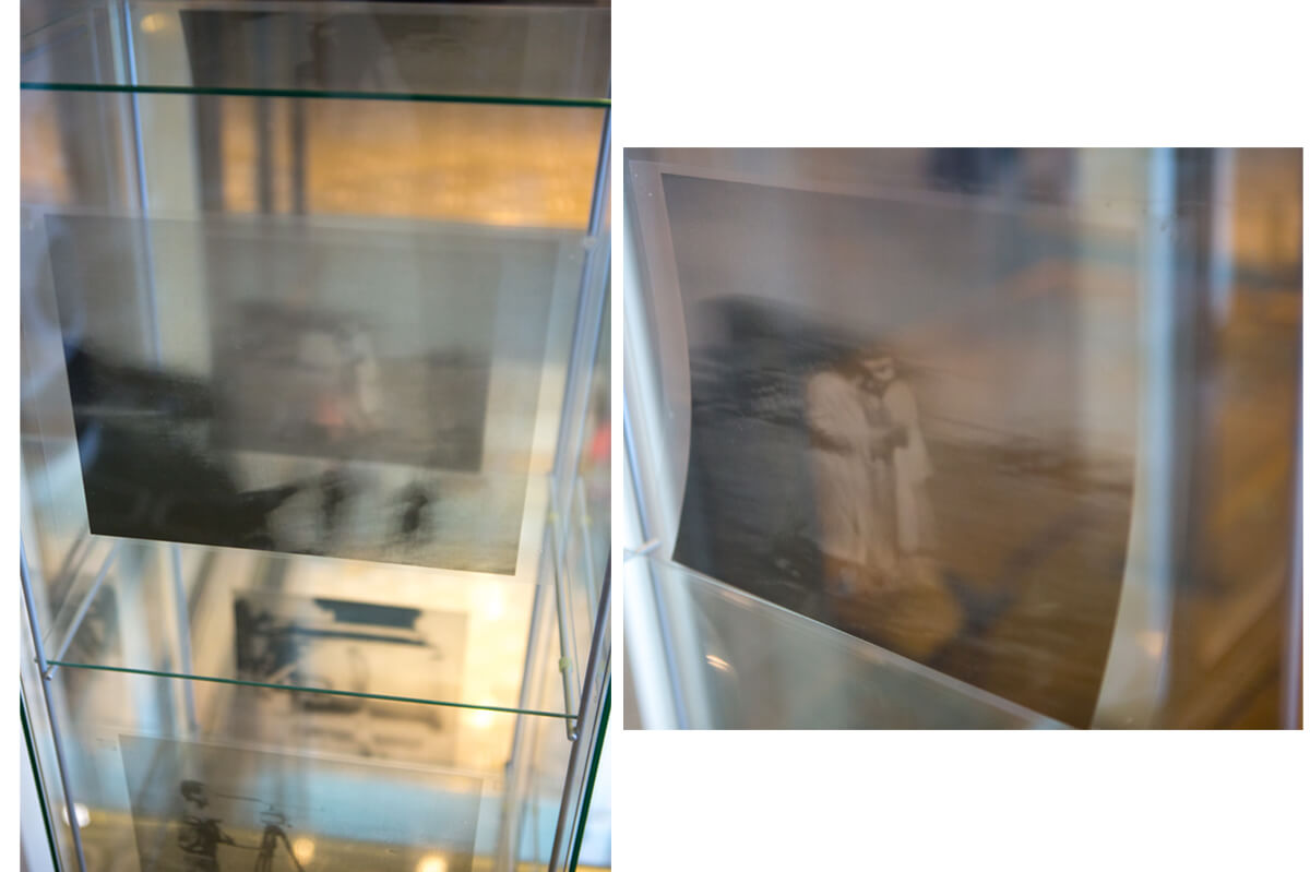 Sława Harasymowicz, The Spring to Come, The National Poetry Library (2016-17), selected installation views. Photo c/o The National Poetry Library. Close up view: story cabinet including inkjet prints on transparency, transparent display cabinet backing onto glass-walled public lift.