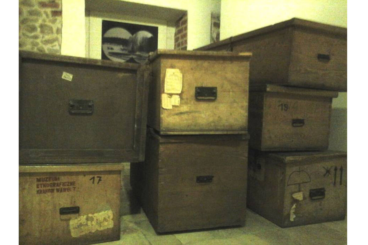 Ersatz (2014), installation view: assemblage of Ethnographic Museum storage boxes, large format print (manipulated found footage/collage). 