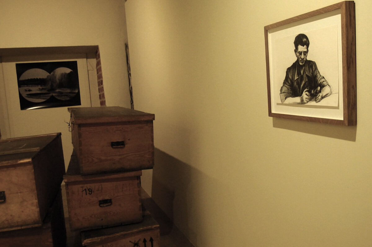 Ersatz (2014), installation view: assemblage of Ethnographic Museum storage boxes, large format print (manipulated found footage/collage), drawing. 