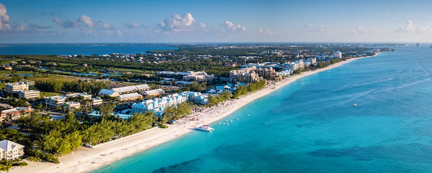 Aerial view of Seven Mile Beach and the resort strip on Grand Cayman