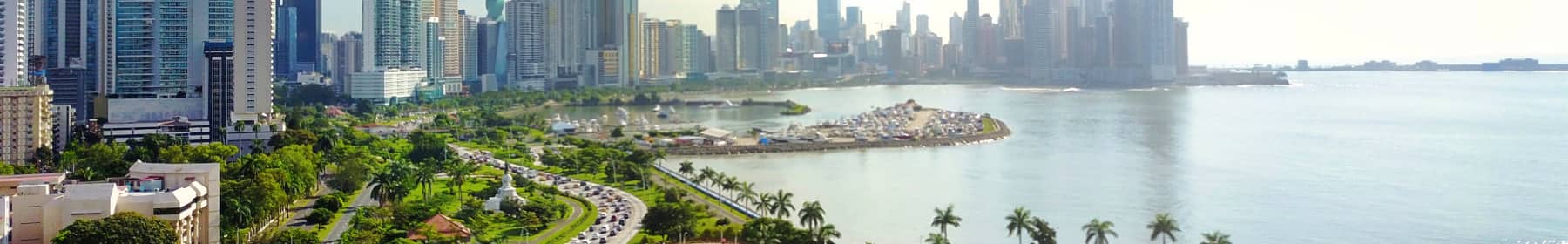Aerial view of Panama´s Skyline showing La Cinta Costera Boulevard