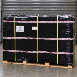 Finished pallet secured with yellow polypropylene strap banding and labelled.
