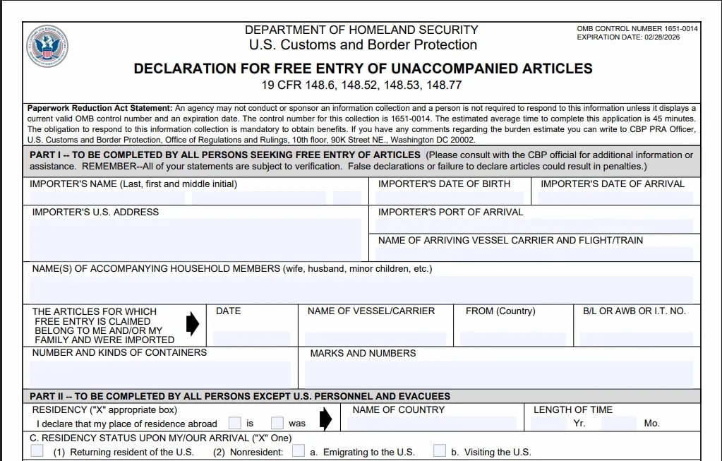 US Customs Form 3299