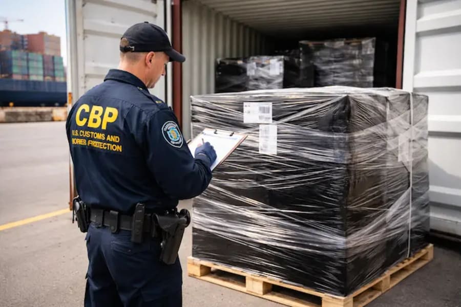 US customs officer inspecting a 1st Move pallet on arrival at Miami.