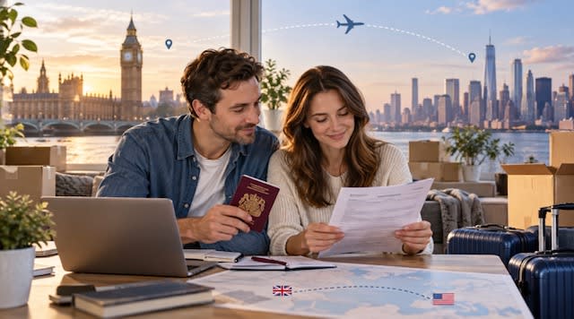 Couple reviewing travel documents beside a laptop, passport, map and packed luggage, with London and New York skylines in the background.
