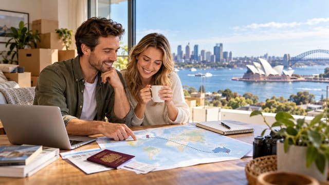 Couple planning a move from the UK to Australia, with a passport, documents and map overlooking Sydney Harbour.
