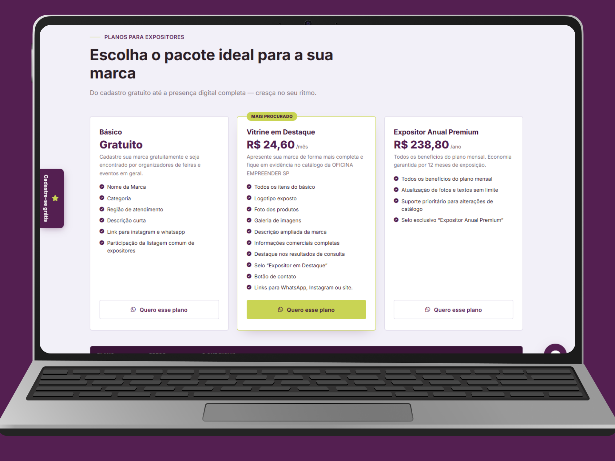 Print de plataforma marketplace local com grid de expositores e formulário de cadastro
