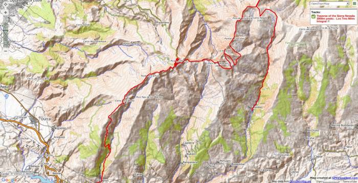 Map of Los Tres Miles Integral trek in Sierra Nevada