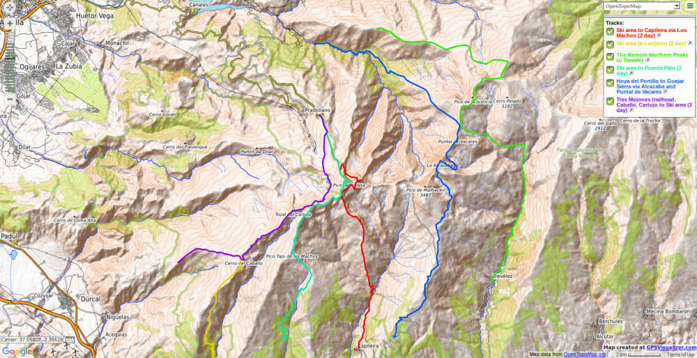 Map of Sierra Nevada crossing treks