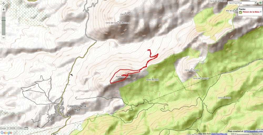 Walking route and map ascent of Penon de la Mata from Cogollos Vega