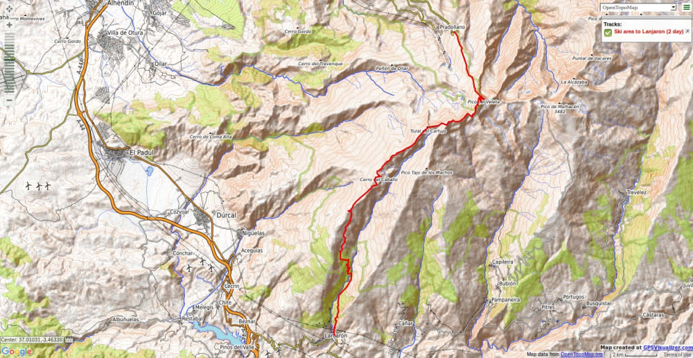 Route from the Sierra Nevada ski area over the Sierra Nevada to Lanjaron