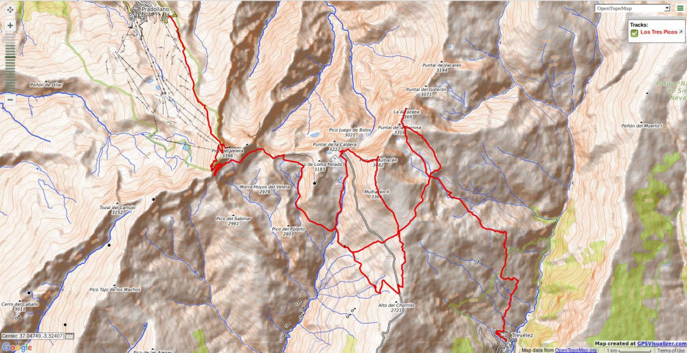 Map of Los Tres Picos trek in Sierra Nevada