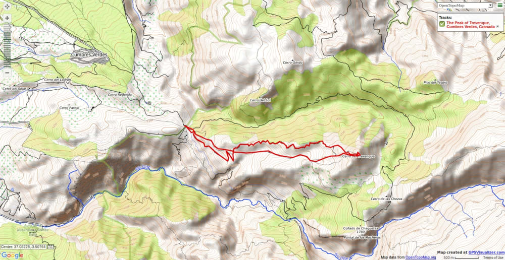 Map of a great day ascent of a peak from Granada