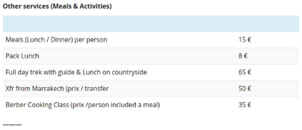 Marrakech Hotel Meal Prices