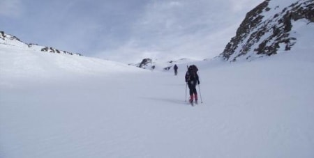 Skiing down Mulhacen, highest mountain in mainland Spain