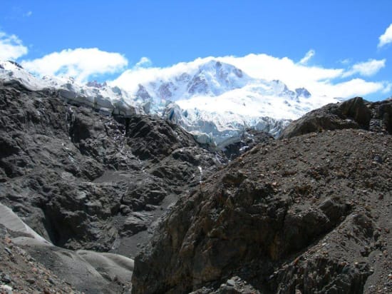 Looking up the glacier debris to Cerro Grande