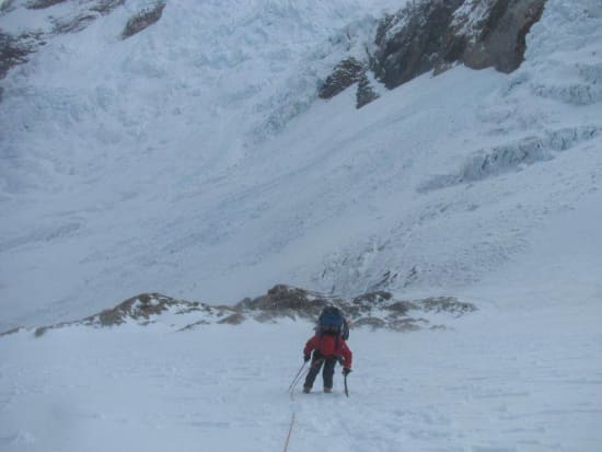 Kiersten Rowland climbing above the seracs on the Marconi Glacier