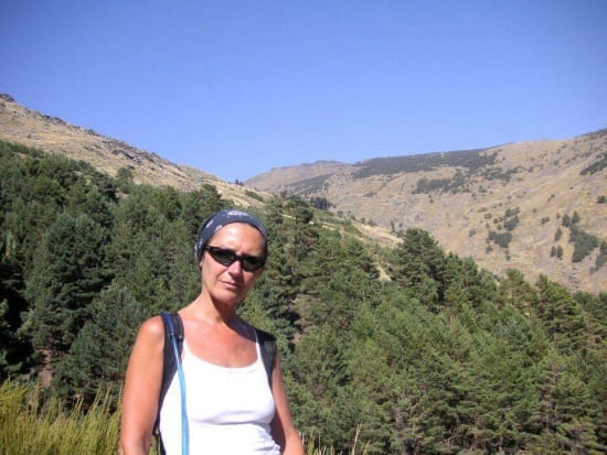 Anna with Las Alegas and the white speck of the hut behind