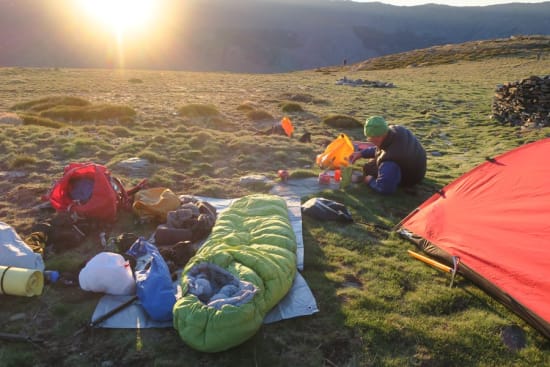 Chaotic campsite breakfast at sunrise in the Sierra Nevada