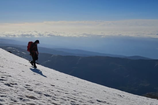 Lovely snow descent east of the summit towards the campsite