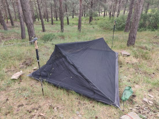 Day 1 - bug tent pitched in the trees behind the refuge