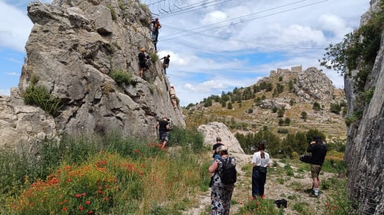 The set up at the crag. Alan climbing, Richard above