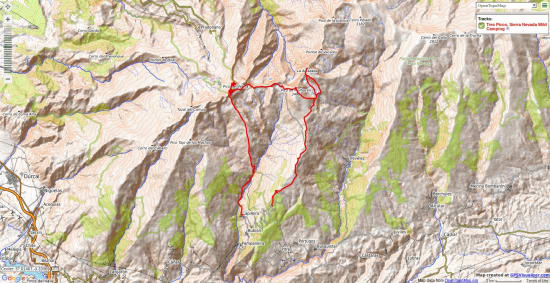 Map of Los Tres Picos wild camping trek in Sierra Nevada Map of Los Tres Picos wild camping trek in Sierra Nevada