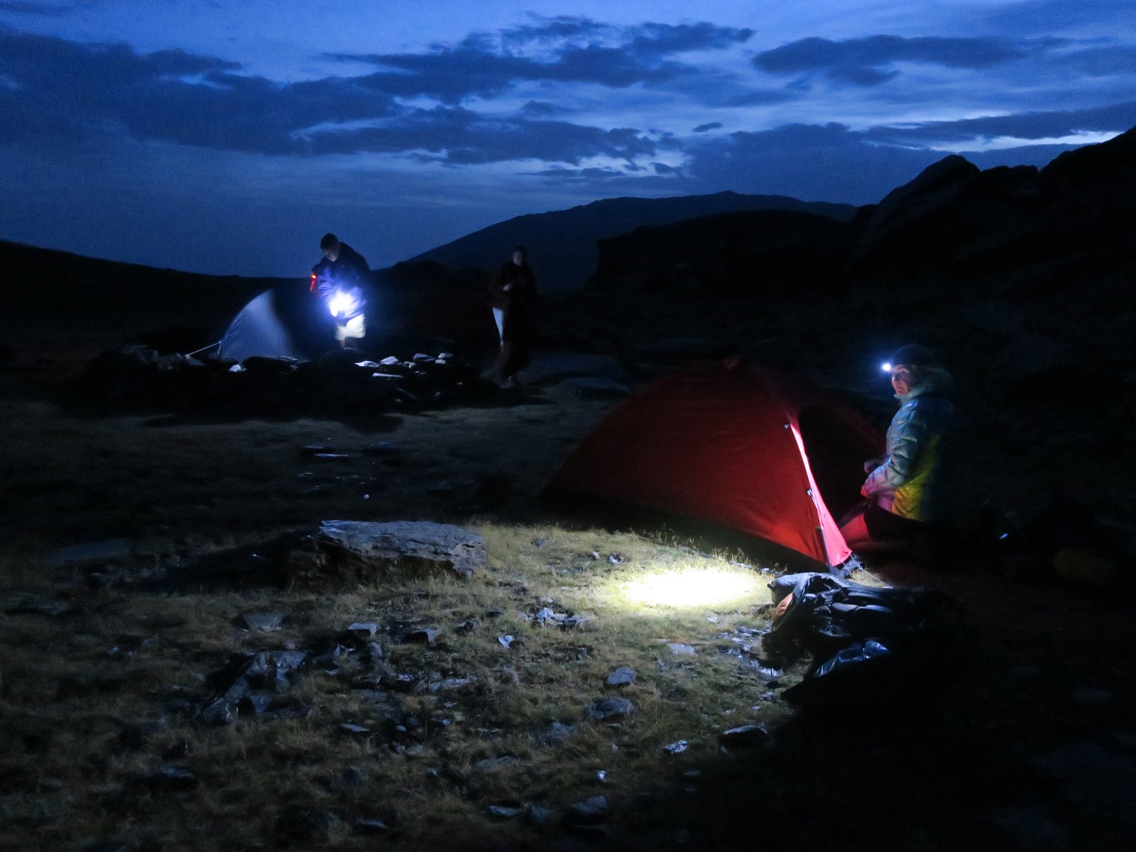 Striking camp at first light in the Sierra Nevada