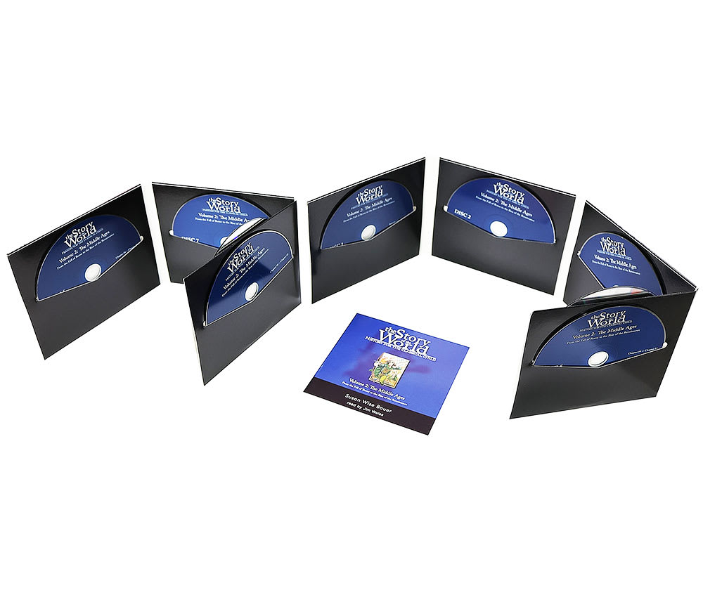 The Story of the World 2 audio book contents spread out over a white surface. 2, long, black cardstock panels standing up and spread out. one containing 4 visible CD’s and the other containing 5 visible CD’s. Laying in front is the manual booklet. The cover is mainly blue with a black bottom, white text, and a small illustration in the middle. The illustration is of Robin Hood in a forest pulling back on a bow, in the process of shooting an arrow. He is wearing a green outfit and cape.