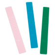 3 long, flat teethers in light pink, dark turquoise, and dark green. They have several textures of stripes, dots, diagonal stripes, and smaller dots.
