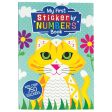 My First Sticker by Numbers Book cover. The background is a mint color with lighter polka dots. There are also clouds and flowers in the background and a yellow cat with green eyes in the main part of the cover. There are triangle-shaped spots on the cat showing numbers. There is grass on the bottom and a dark blue circle with white text, reading "with over 750 stickers." The title at the top is in a dark blue cloud and is mainly white with other colors.