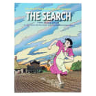 The Search cover shows a woman in a pink dress and cream-colored apron running through a plowed farming field to escape military vehicles parked at a farmhouse. She is looking back in concern. There are trees and a brown barn in the background with a sunset and intense clouds above.