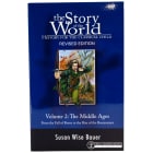 The Story of the World 2 cover. The cover is mainly blue with a black bottom and a small illustration in the middle. The illustration is of Robin Hood in a forest pulling back on a bow, in the process of shooting an arrow. He is wearing a green outfit and cape.  The white text reads “The Story of the World. History for the classical child. Revised Edition. Volume 2, The Middle Ages. From the Fall of Rome to the Rise of the Renaissance.” Author, Susan Wise Bauer.