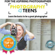 Photography 4 Teens action shot of a smiling blonde teenage girl taking a picture. She is holding her hat down with her left hand and holding an old camera with her right, tilted to the side. There are cement steps behind the girl, out of focus, as she is looking up and the shot is from above. Over the picture is a logo, descriptive text, and a "Top 12 Timberdoodle Award."