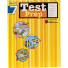 Test Prep Grade 7 book. The background is striped with different shades of yellow. The title at the top is next to a list of items covered in the book, including; Reading Comprehension, Vocabulary, Math Problem Solving, Language, and Test Tips. Below and to the left are 3 illustrations in circle frames. The top is of 3 boys running on a track and 2 girls diving into a pool, the middle is of 2 fish and 1 seahorse swimming, and the bottom is of 3 hikers crossing a log bridge.