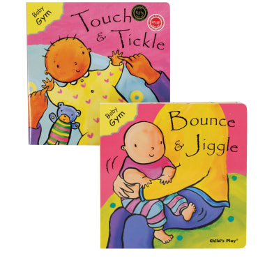Baby Gym Books set of 2. Upper-left book , Touch & Tickle, showing a laying baby with mama's hands tickling the palm of baby's hands. The bottom-right book, Bounce & Jiggle, shows a baby on mama's lap bouncing.