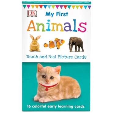 My First Touch and Feel Cards: First Words packaging cover. The background is teal with a white band and colored flag banner over the top with the title written in different colored letters. The letters look like a child's writing and scribbling. Below the title are 3 images of a bunny, clown fish, and elephant. In the teal portion below is an orange tabby kitten with a red collar. Below is white text reading "16 colorful early learning cards."