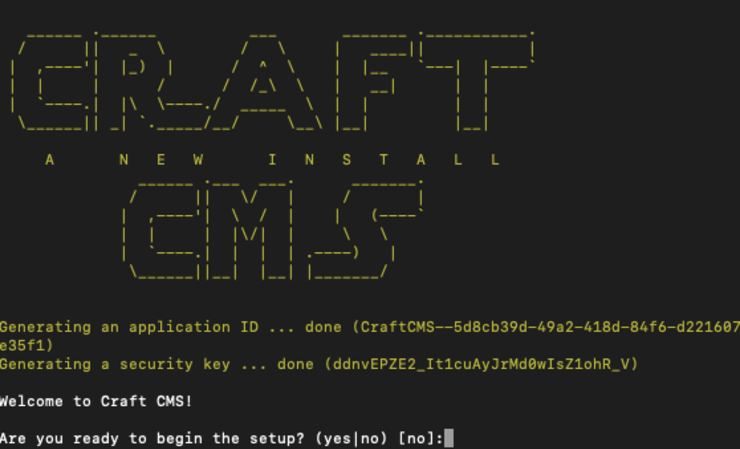 Terminal window with the craft cms install