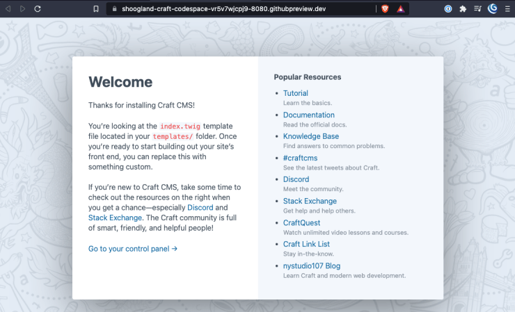 Terminal window with the craft cms install