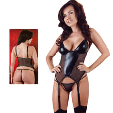 Buy Black Wet Look And Mesh Basque With G String Online