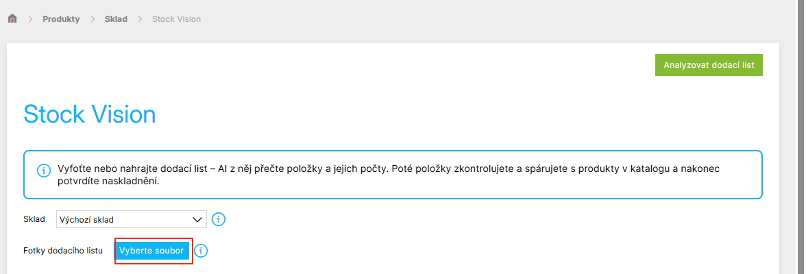Nahrání fotek dodacího listu před analýzou pomocí AI
