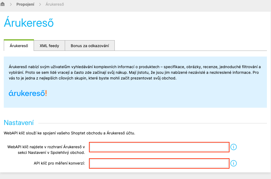 Záložka Árukereső se zvýrazněnými poli pro WebAPI klíč a API klíč pro měření konverzí