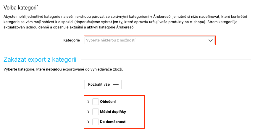 Záložka XML feedy se zvýrazněným polem Kategorie a stromem kategorií pro zákaz exportu