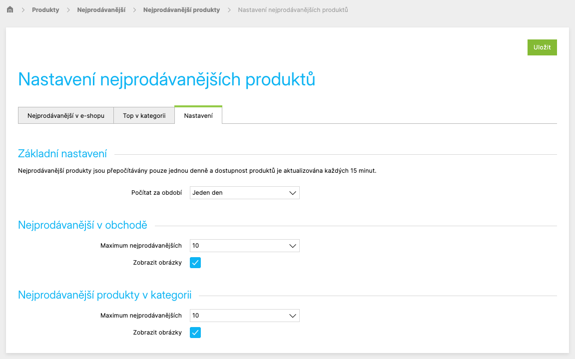 Záložka Nastavení s obdobím výpočtu a počtem zobrazených produktů