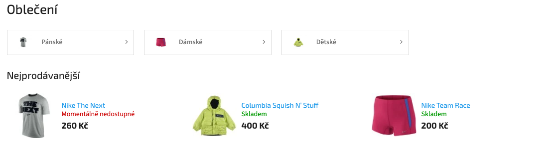 Kategorie na e-shopu s nejprodávanějšími produkty nad výpisem produktů