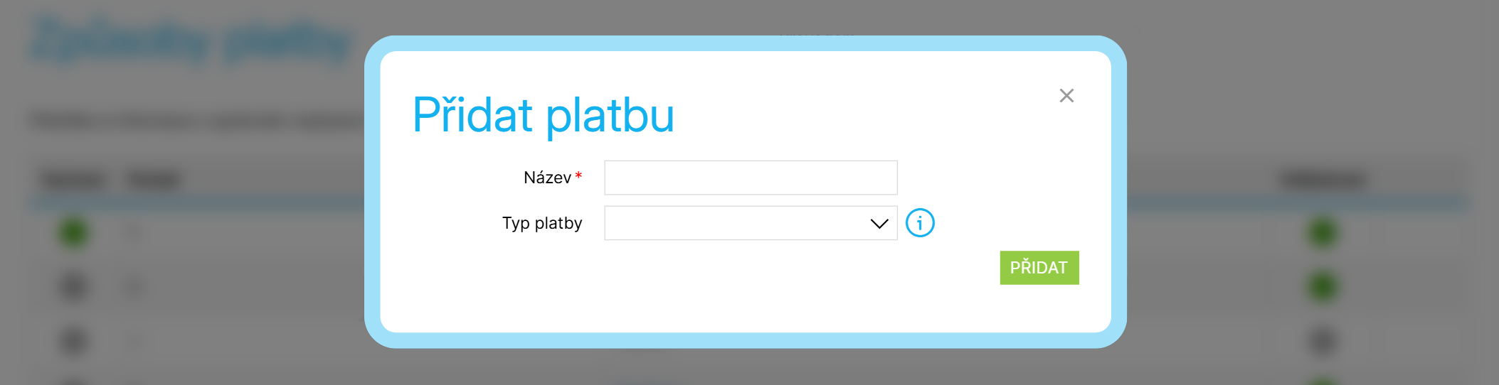 Okno pro přidání nového způsobu platby