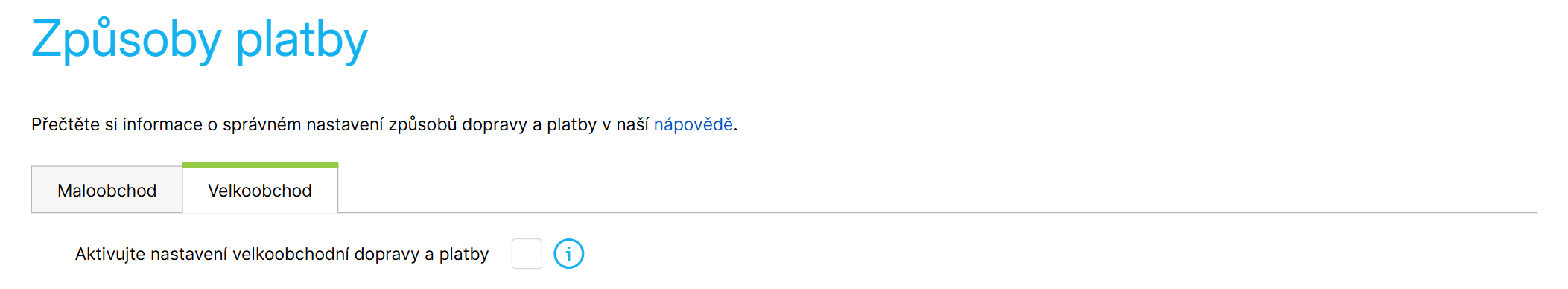 Záložka s velkoobchodními způsoby platby